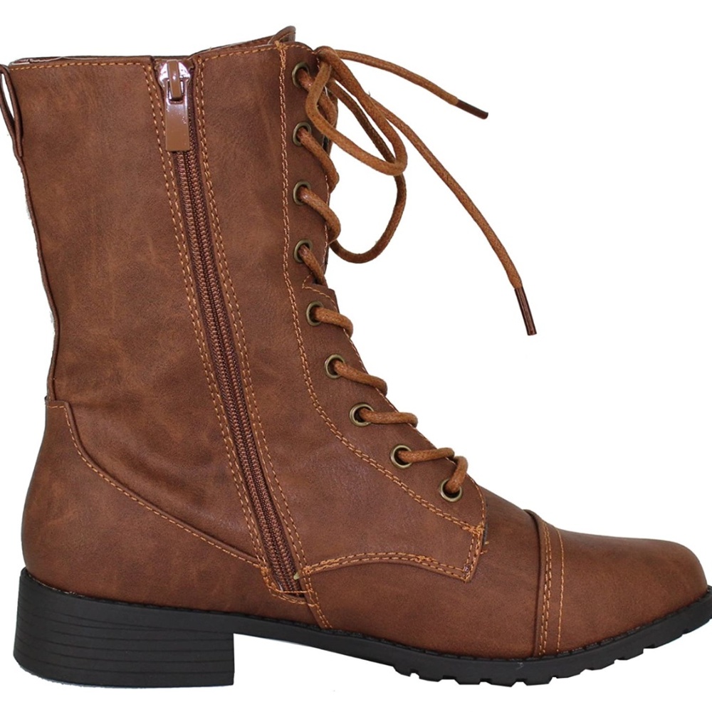 Vegan Leather Lace Up Low Heeled Combat Boots | Forever Link | New